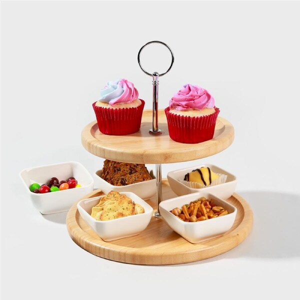 Dish & Dash 2-Tier High Tea Serving Platter with 5 Ceramic Bowls