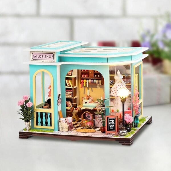 Catzon Miniature House Kit with LED Light 3D Wooden Bookend Puzzle for Beginners-Tailor