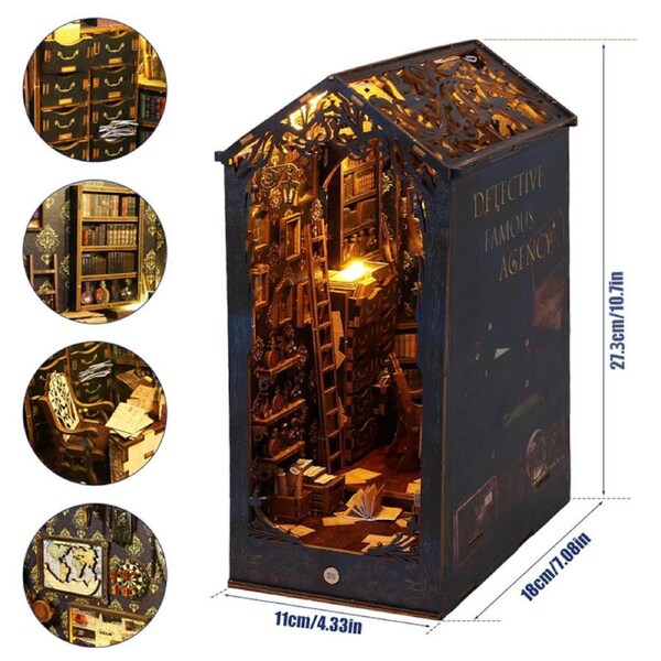 Catzon DIY Miniature House Kit Detective Agency 3D Wooden Puzzle for Bookshelf Decor