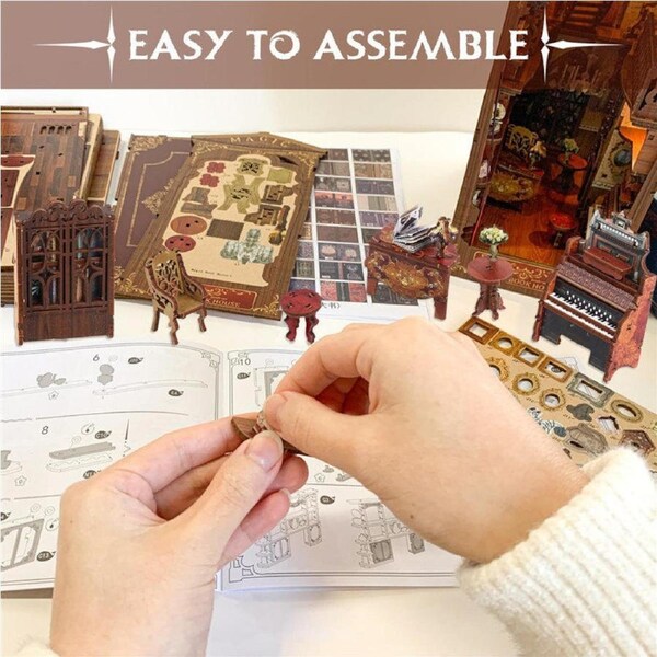 Catzon DIY Book Nook Kit 3D Wooden Puzzle Bookshelf Insert Decor with Touch LED Light Dust Baffle-MagicHouse