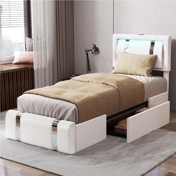 Levede Single Bed Frame with Soft Headboard LED Lights Drawers USB Charge - White