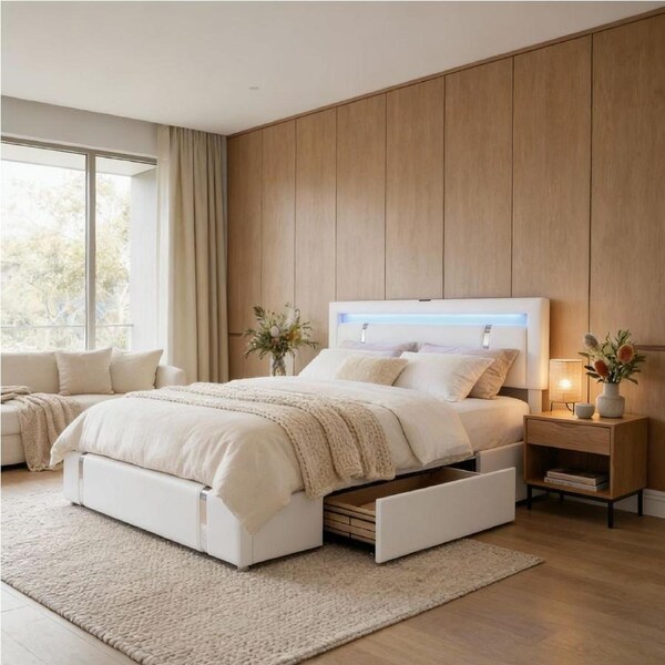 Levede King Bed Frame with Soft Headboard LED Lights Drawers USB Charge - White