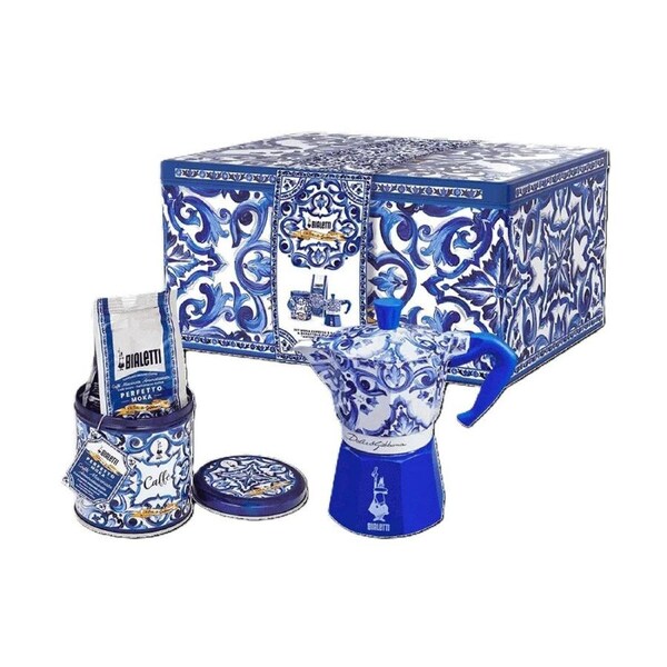 Bialetti Dolce & Gabbana Gift Set - Moka 3 Cup + Coffee Tin - Blue