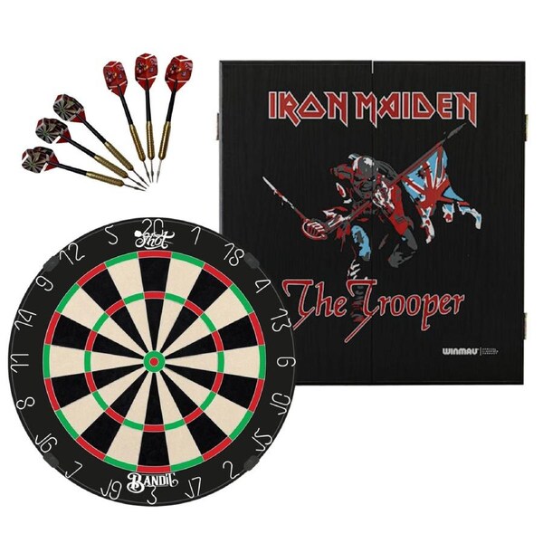 Shot Darts Bandit Gen 4 Dart Board + Iron Maiden The Trooper Cabinet + Darts