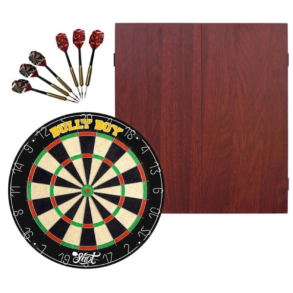 Shot Darts Michael Smith Bully Boy Dart Board + Formula Mahogany Cabinet + Darts