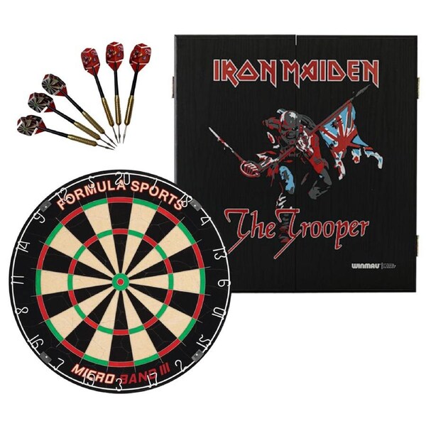 Formula Micro Band 3 Dart Board + Winmau Iron Maiden Trooper Cabinet + Darts