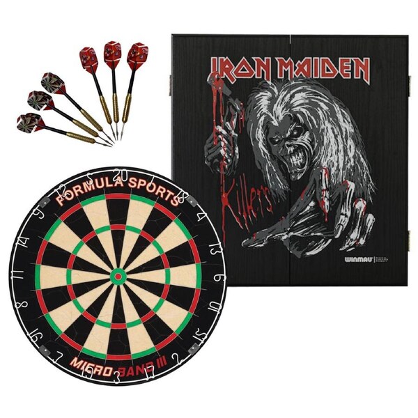 Formula Micro Band 3 Dart Board + Winmau Iron Maiden Killers Cabinet + Darts