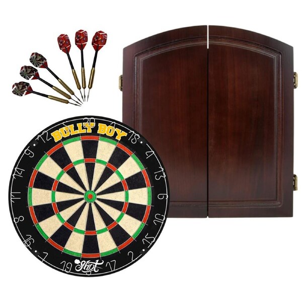 Shot Darts Michael Smith Bully Boy Dart Board + Cherry Solid Wood Cabinet + Darts