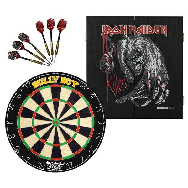 Shot Darts Michael Smith Dart Board + Winmau Iron Maiden Killers Cabinet + Darts