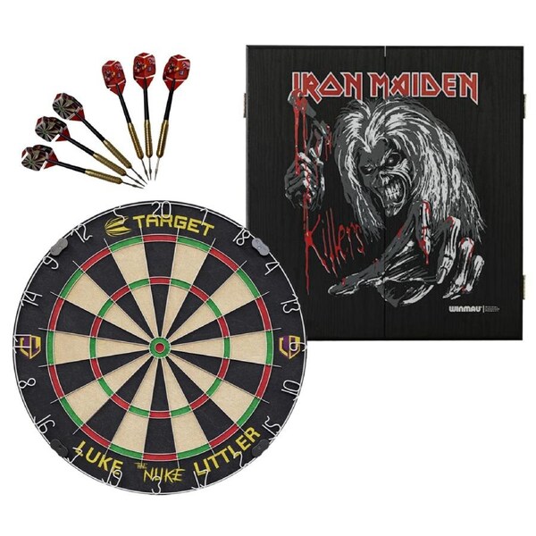 Target Luke 'The Nuke' Littler Dart Board + Winmau Iron Maiden Killers Cabinet + Darts