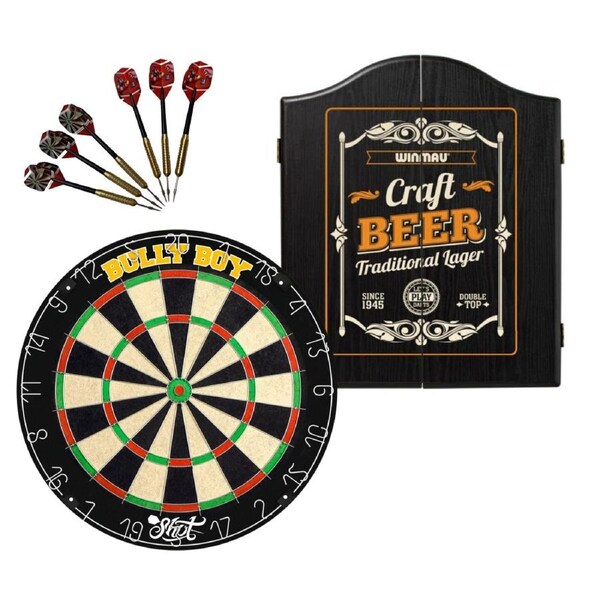 Shot Darts Michael Smith Bully Boy Dart Board + Winmau Craft Beer Cabinet + Darts