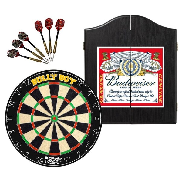 Shot Darts Michael Smith Bully Boy Dart Board + Winmau Budweiser Cabinet + Darts
