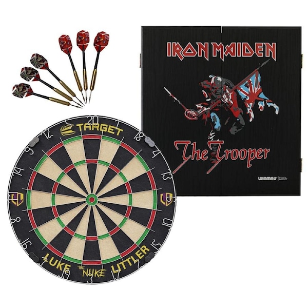Target Luke 'The Nuke' Littler Dart Board + Winmau Iron Maiden Trooper Cabinet + Darts