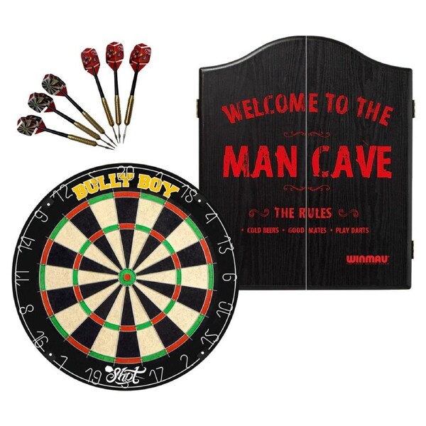 Shot Darts Michael Smith Bully Boy Dart Board + Winmau Man Cave Cabinet + Darts
