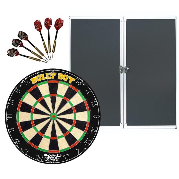 Shot Darts Michael Smith Bully Boy Dart Board + Aluminium Cabinet + Darts
