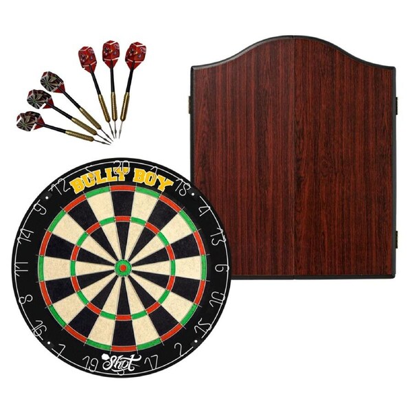 Shot Darts Michael Smith Bully Boy Dart Board + Winmau Rosewood Cabinet + Darts