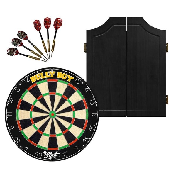 Shot Darts Michael Smith Bully Boy Dart Board + Black Solid Wood Cabinet + Darts