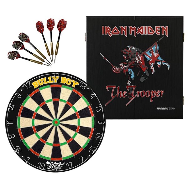 Shot Darts Michael Smith Dart Board + Winmau Iron Maiden Trooper Cabinet + Darts