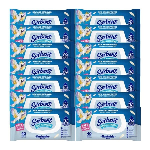Sorbent Hypo-Allergenic Flushable Wipes 40 Pack – Bulk 14-Pack (560 Wipes)