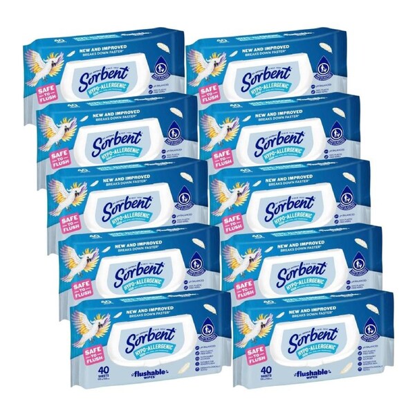 Sorbent Hypo-Allergenic Flushable Wipes – 40 Pack (10-Pack Bulk)
