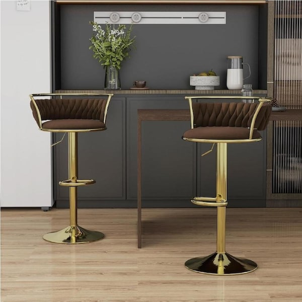 SERENITa Golden Swivel Upholstered Velvet Adjustable Height Counter Stool with Metal Frame Coffee (Set of 2)