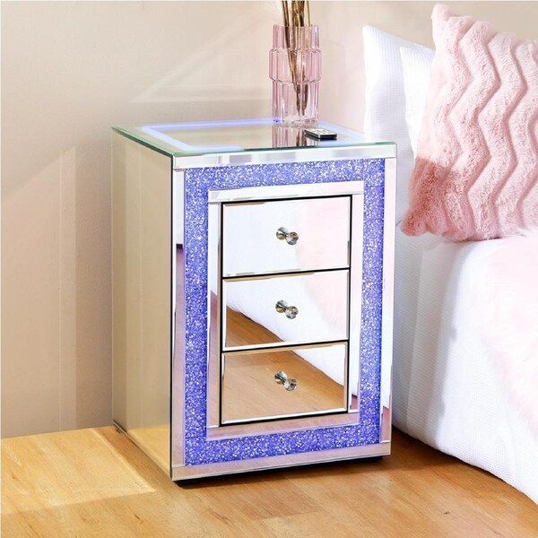 Freya & Sol Glam Mirrored Diamond 3 Drawer Bedside Table with Wireless Charging, LED Lighting, and Bluetooth Speakers