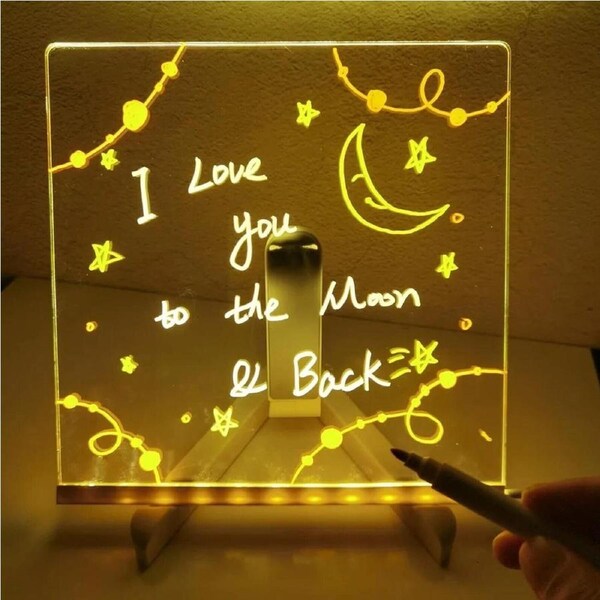 Illuminated Drawing Board LED Note Board 7 Coloured Pens Acrylic Dry Erase Small