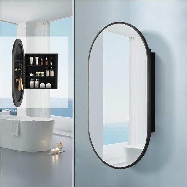 ACA Black Bathroom Metal Mirror Cabinet Oval Medicine Vanity Wall Mirrored Storage Cupboard w/ Hooks Detachable Shelves 915*500mm