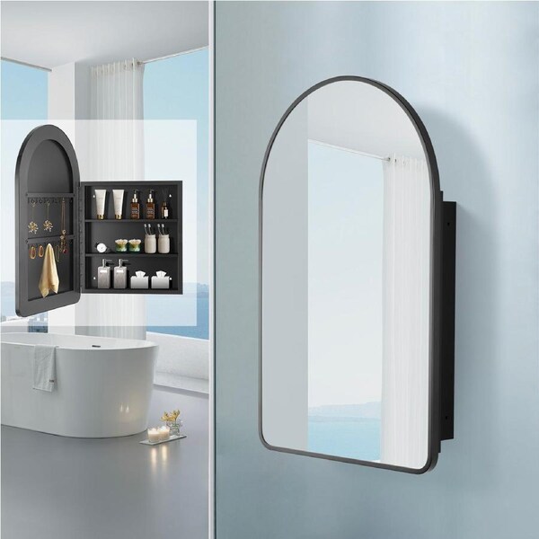 ACA Arch Bathroom Metal Mirror Cabinet Medicine Vanity Wall Mounted/Recessed Storage Cupboard w Hooks Detachable Shelves Black