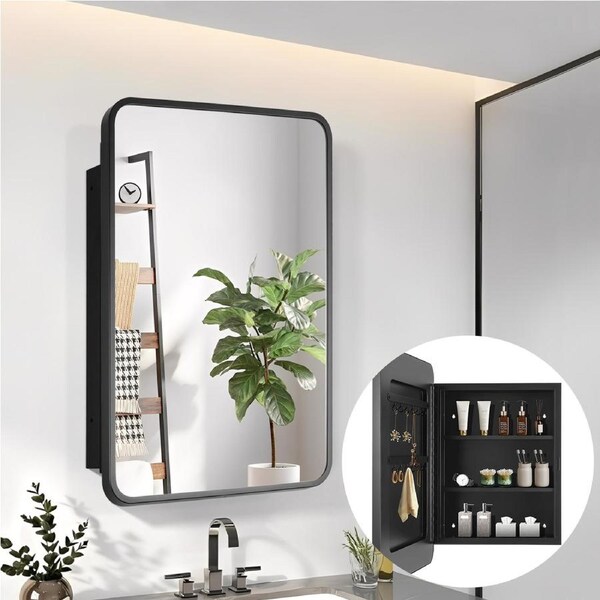 Bathroom Detachable Mirror Cabinet Make Up Vanity Wall/Recessed Mirror Cupboard 60x42cm Jewellery Storage with Hooks