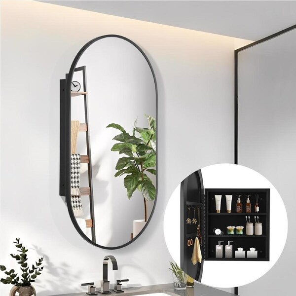 Black Oval Bathroom Mirror Cabinet Vanity Wall Mirrored Cupboard Hung or In-wall w Hooks and Detachable Shelves 915x500mm