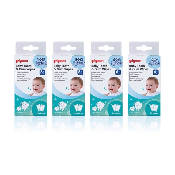 4x 20pc Pigeon Baby Tooth & Gum Wipes Flouride Free Sterilised Sachets 6m+