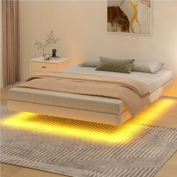 Advwin Double Size Floating Bed Frame with RGB LED Light Velvet Upholstered Platform Base No Box Spring Needed Beige