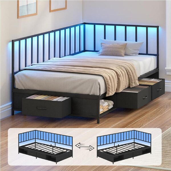 Advwin Single Corner Bed Frame with RGB LED and Under - bed Storage Metal Daybed with 3 Storage Drawers & 2 Cubbies