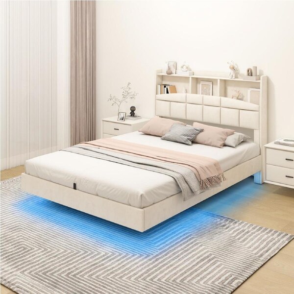 Advwin Queen Floating Bed Frame with LED Lights and Storage Headboard Velvet Upholstered Platform Bed with Charging Station Beige