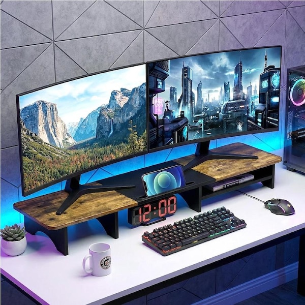 Advwin Dual Monitor Stand Riser Office Desktop Organizer Stand for 2 Monitors, Black&Brown