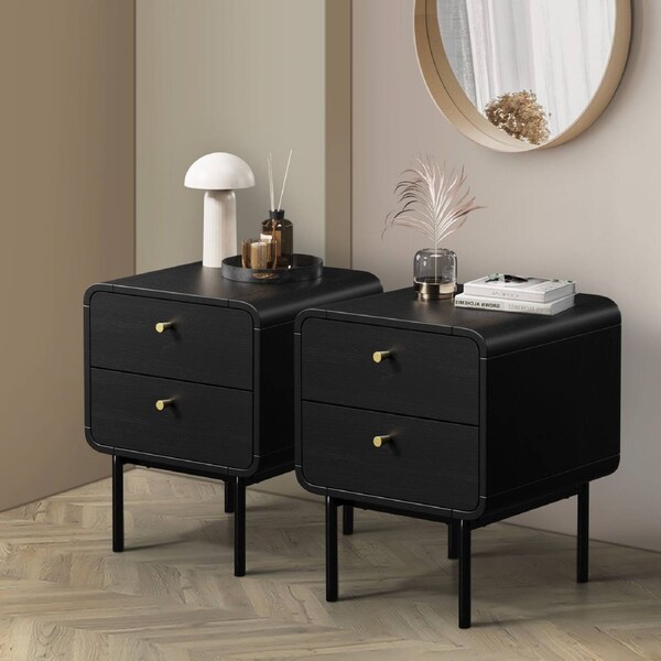Oikiture 2x Bedside Table 2 Drawers Side Table Bedroom Nightstand Metal Black