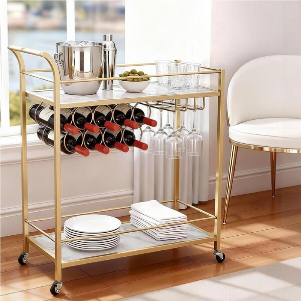 Artiss 2-Tier Bar Cart Drinks Trolley 85cm Marble Effect