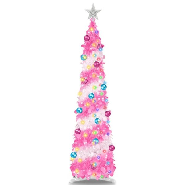 Nevenka 1.5M DIY Pop Up Christmas Tree Pencil Tree with 50 Color Lights Xmas Party Decorations-Pink