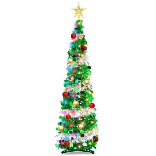 Nevenka 1.5M DIY Pop Up Christmas Tree Pencil Tree with 50 Color Lights Xmas Party Decorations-GreenSilver