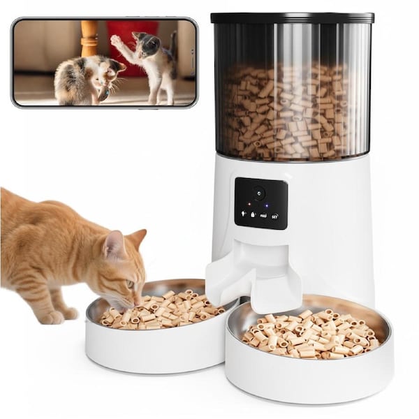 Advwin Automatic Pet Feeder 2 Bowls with Camera 4L Smart Dog Cat Food Dispenser Wifi App Control