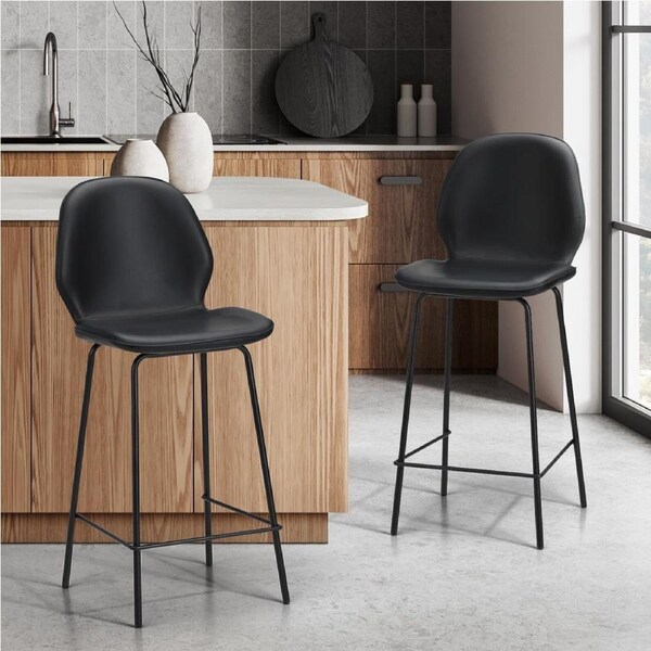 Oikiture Set of 2 Bar Stools Kitchen Dining Chairs Counter Stool Leather Black