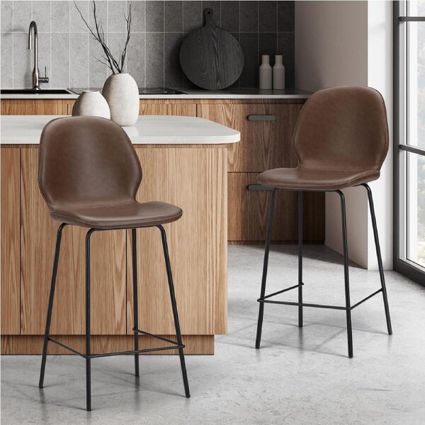 Oikiture Set of 2 Bar Stools Kitchen Dining Chairs Counter Stool Leather Brown