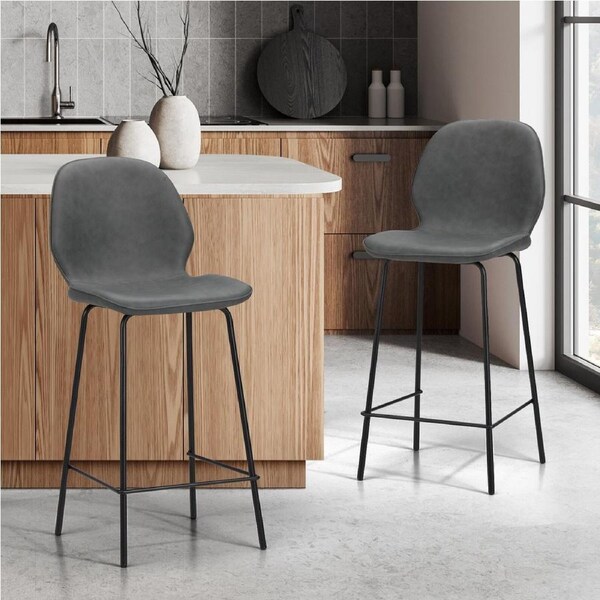 Oikiture Set of 2 Bar Stools Kitchen Dining Chairs Counter Stool Leather Grey