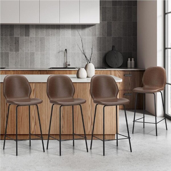 Oikiture Set of 4 Bar Stools Kitchen Dining Chairs Counter Stool Leather Brown