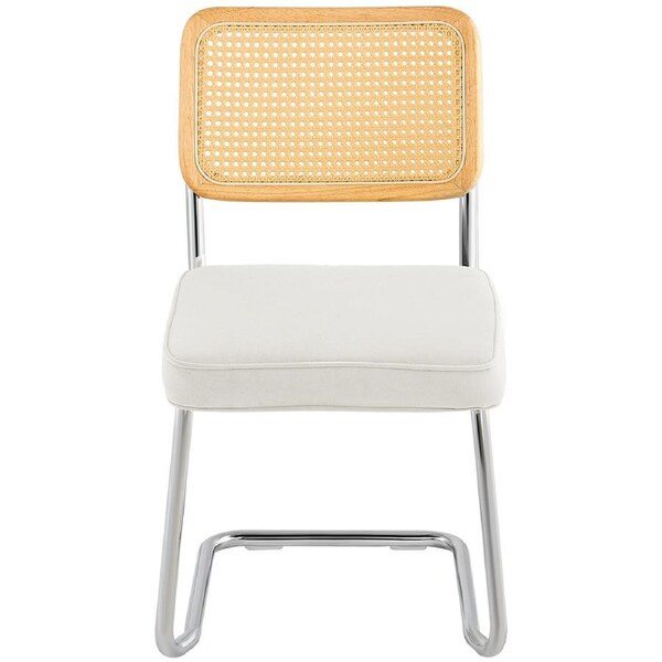 Rattan Chairs, Set of 4, Mid Century Modern Dining Chair, Upholstered Velvet Accent Chair with Rattan Back, Retro Dining Room Kitchen Chair for Living Room, Bedroom, Reading Room, Office, White