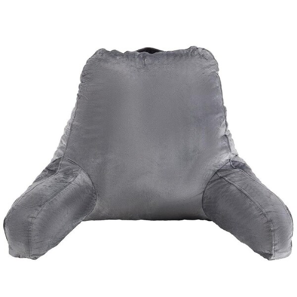 Reading Pillow, Large Size Bed Pillow with Shredded Memory Foam, Back Pillow with 3 Pockets and Washable Short Velvet Cloth, Top with Handle, for Watching TV, Reading, Gaming, Resting, Grey