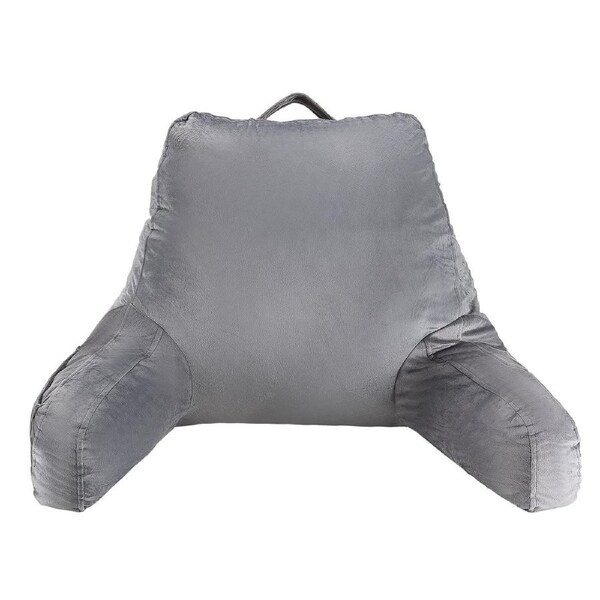 Reading Pillow, Standard Size Bed Pillow with Shredded Memory Foam, Back Pillow with 3 Pockets and Washable Short Velvet Cloth, Top with Handle, for Watching TV, Reading, Gaming, Resting, Grey