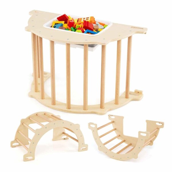 Costway Climb Playset 8 in 1 Climbing Arch Sensory Table Wood Rocking Horse Rock & Crawl Learning Toy Gift