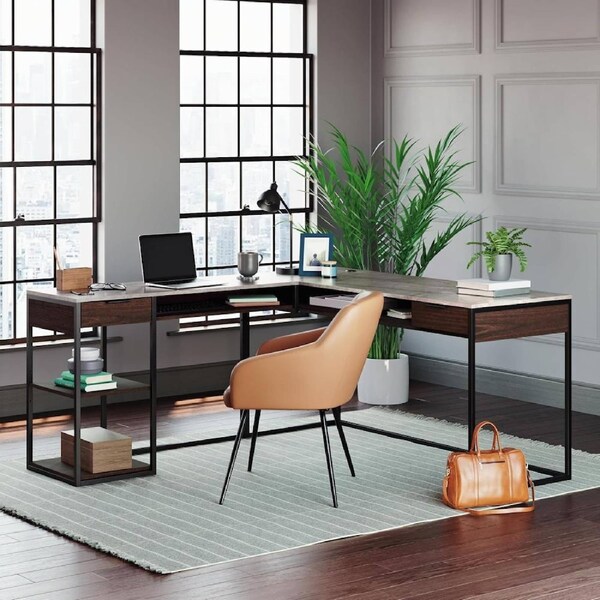 Inter Lux Corner L Desk Woodgrain and Black